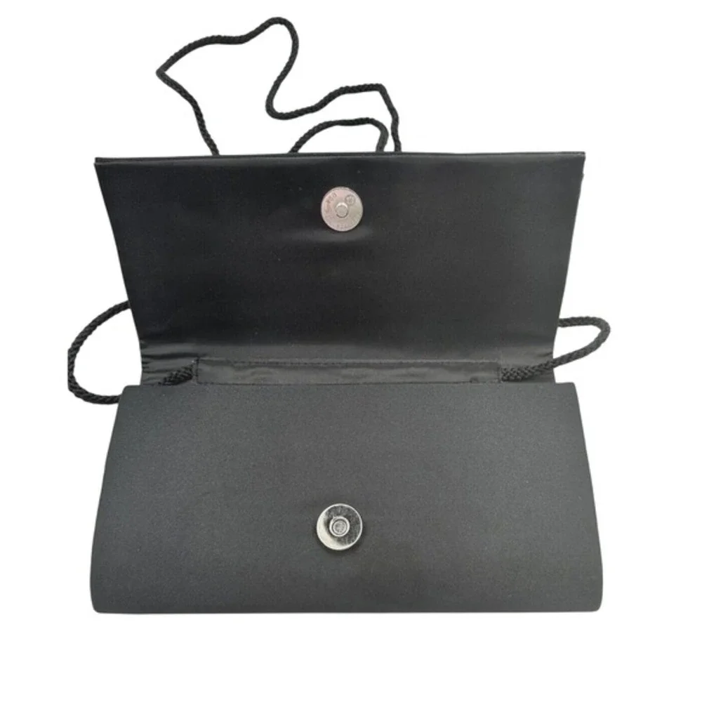 La Regale Black Satin Evening Clutch Crossbody Bag Formal Wedding Elegant 25-05‎